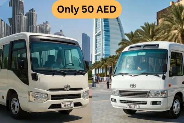 Two White Mini Buses for Pick and Drop Service in Abu Dhabi Desert Safari