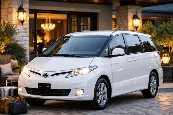 White Toyota Estima Van for Residence Pick and Drop Service Desert Safari Abu Dhabi