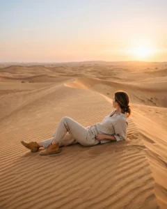 Woman relaxing on golden sand dunes during Abu Dhabi desert safari at sunset