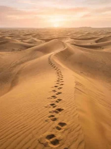 Golden footprints trail across the Arabian sand dunes during sunrise in Abu Dhabi Desert, showcasing the natur