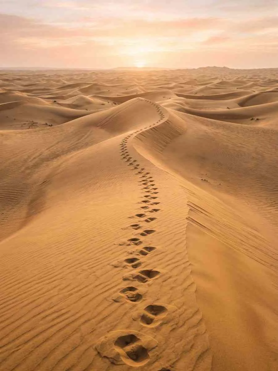 Golden footprints trail across the Arabian sand dunes during