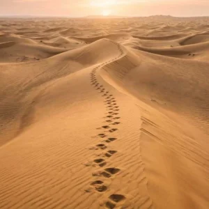 Golden footprints trail across the Arabian sand dunes during sunrise in Abu Dhabi Desert, showcasing the natur