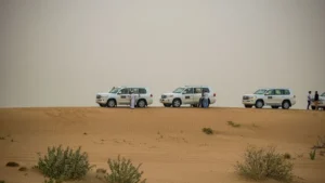 Desert safari jeep tour with 4x4 vehicles parked on Abu Dhabi sand dunes