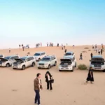 4x4 vehicles and visitors preparing for dune bashing during an Evening Desert Safari Abu Dhabi.