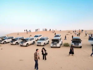 4x4 vehicles and visitors preparing for dune bashing during an Evening Desert Safari Abu Dhabi.