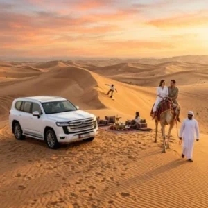Complete Morning Desert Safari Abu Dhabi experience featuring dune bashing, camel ride, sandboarding, and Arab