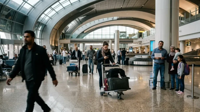 Travellers arriving in the Abu Dhabi airport arrivals hall at the start of a stopover