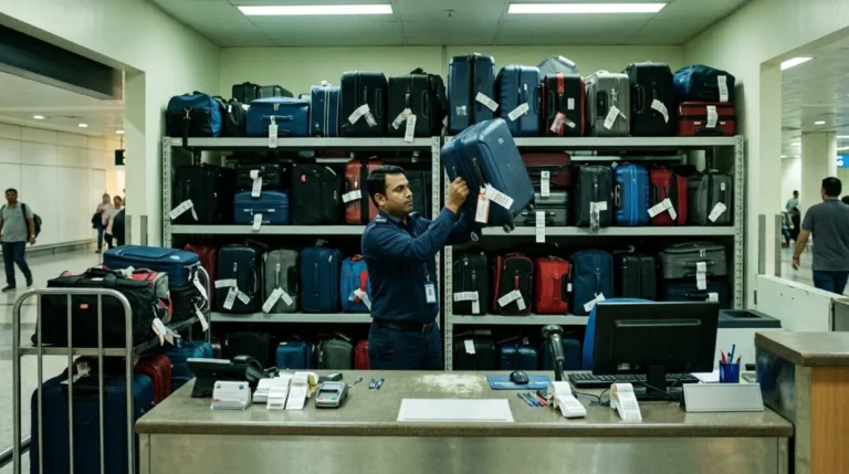 Airport staff organising stored luggage at Abu Dhabi airport during a layover