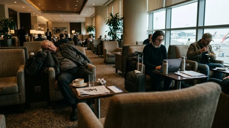 Travellers resting in the lounge area at Abu Dhabi airport between flights