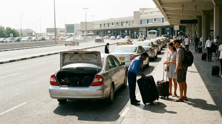 Taxis waiting outside the terminal at Abu Dhabi airport