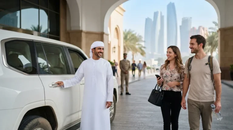 A driver holding the SUV door for guests at an Abu Dhabi hotel