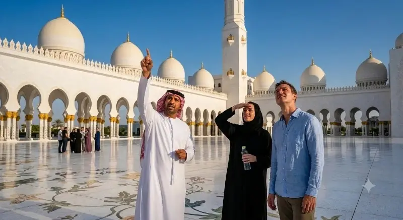 Guests with their guide in the courtyard of Sheikh Zayed Grand Mosque on an Abu Dhabi city tour