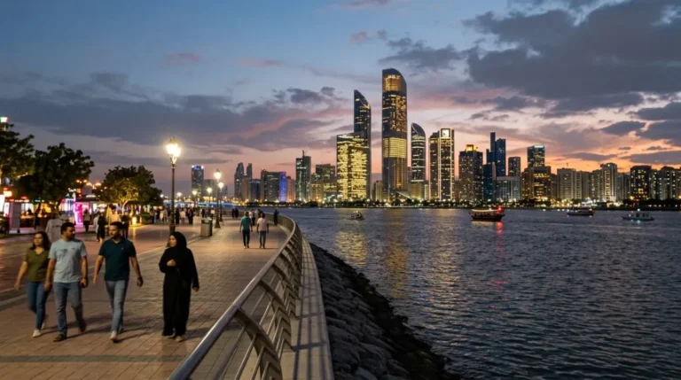The Abu Dhabi skyline at dusk across the water
