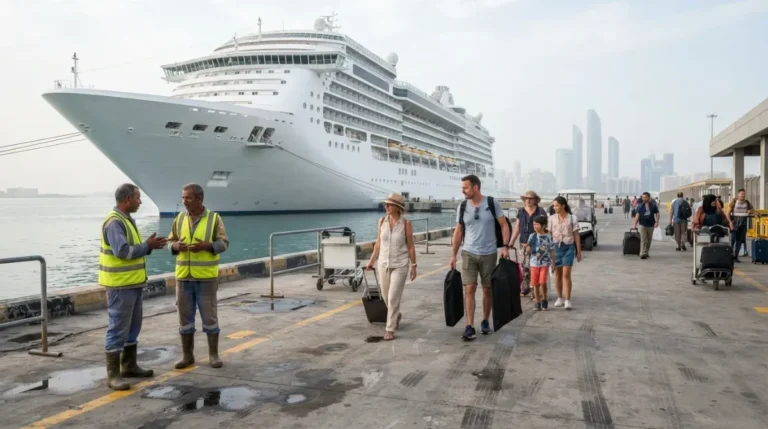A cruise ship berthed at the Abu Dhabi terminal