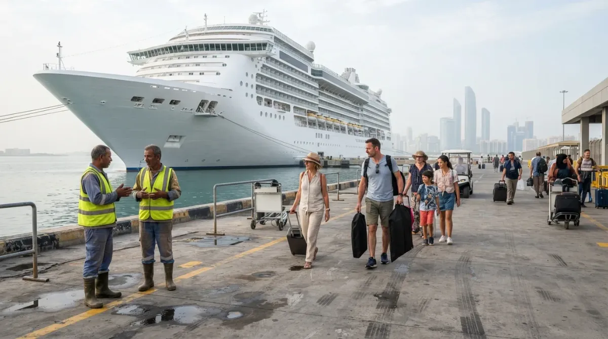 A cruise ship berthed at the Abu Dhabi terminal in morning light with the city across the harbour