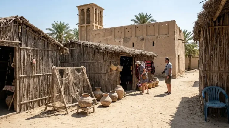 Visitors exploring the mud-brick buildings and exhibits at the Abu Dhabi Heritage Village