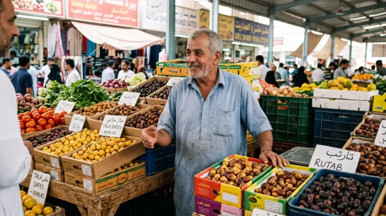A vendor surrounded by fresh produce at a market in Abu Dhabi
