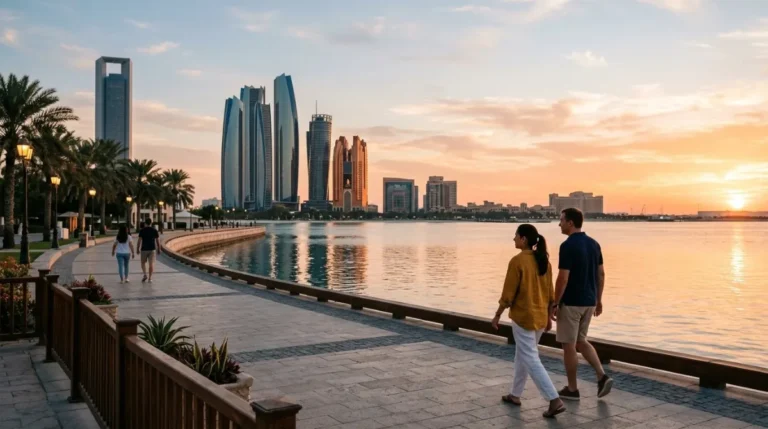 The Abu Dhabi Corniche skyline across the water at golden hour