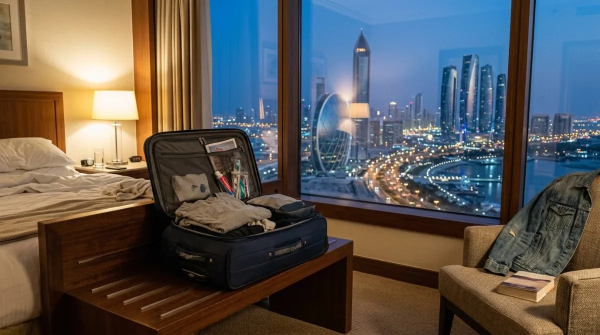 An Abu Dhabi hotel room in the evening during a stopover