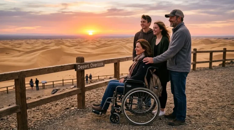 A wheelchair user with family at a firm-ground desert viewpoint watching the sunset near Abu Dhabi