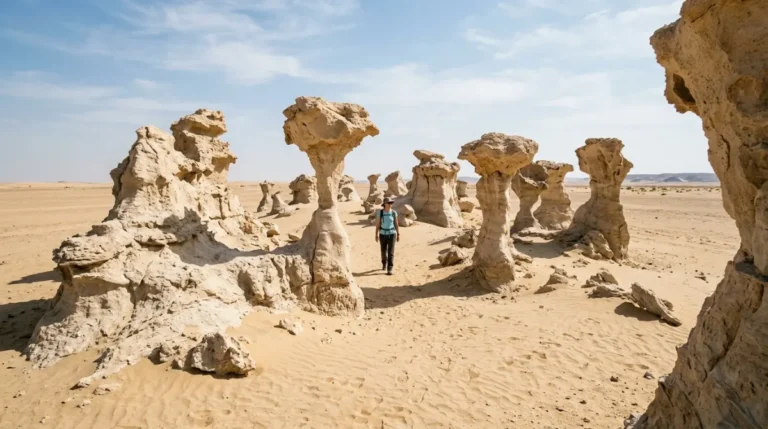 Pale wind-eroded rock formations at the Al Wathba fossil dunes near Abu Dhabi with a visitor walking between them