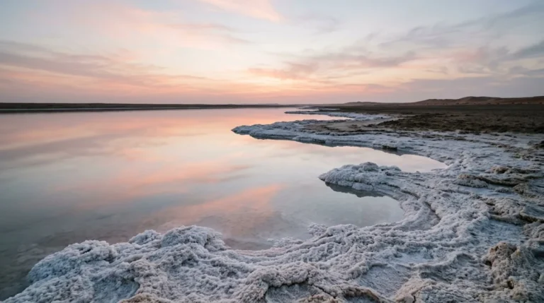 Salt crusts at the edge of Al Wathba salt lake at dawn