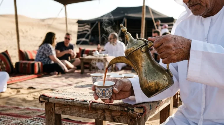 Arabic coffee poured from a brass dallah into small cups at a desert camp near Abu Dhabi