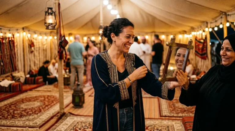 A guest posing for a free Arabic costume photograph at a desert camp near Abu Dhabi
