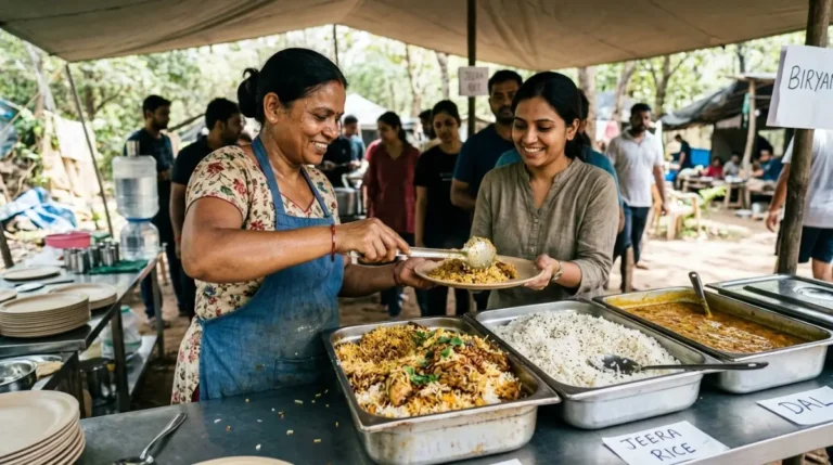 A cook serving biryani rice from a large tray at the BBQ buffet in an Abu Dhabi desert camp