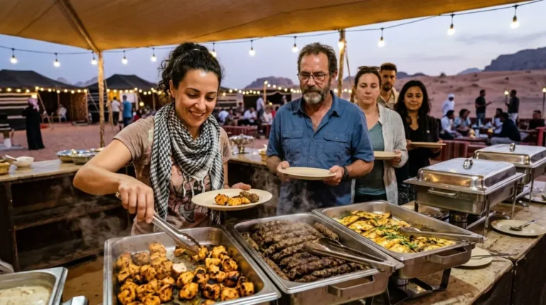 The BBQ buffet counter laid out at the desert camp near Abu Dhabi