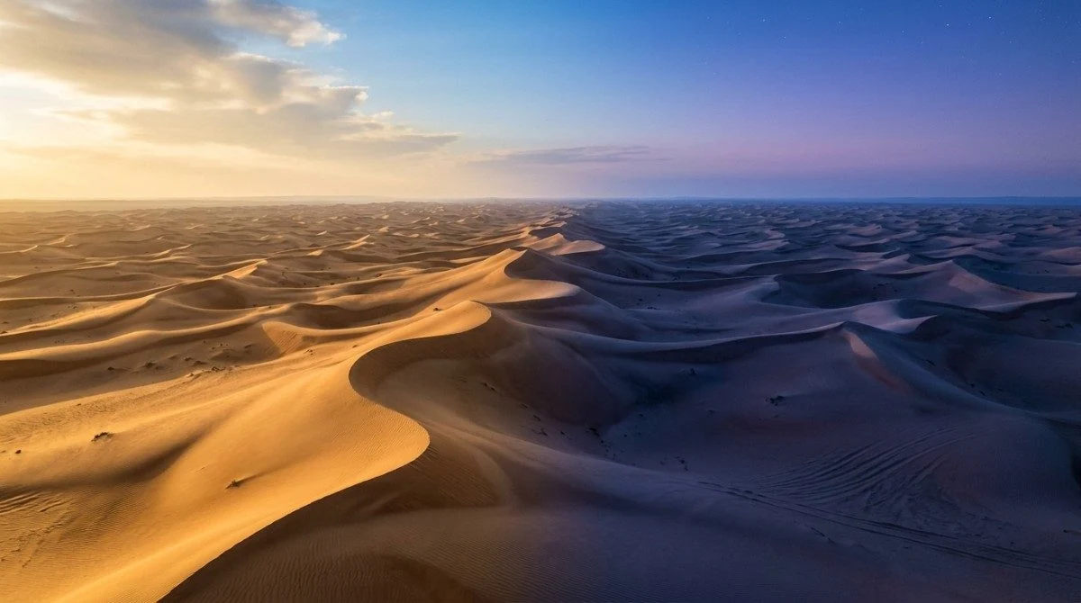 Wide view of the Abu Dhabi dunes showing the range of desert light through the year
