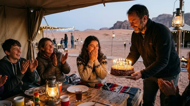 A birthday cake with lit candles carried to the table at an Abu Dhabi desert camp while the family claps