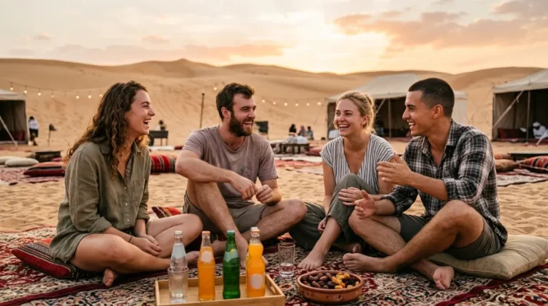 Friends enjoying the shared camp evening on a budget desert safari in Abu Dhabi