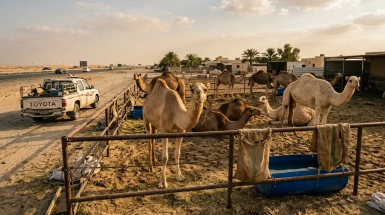 Camels standing at a desert farm near Abu Dhabi seen on a desert safari