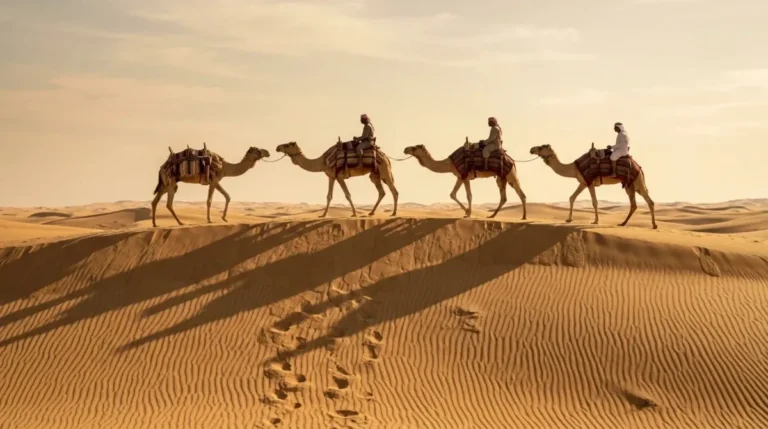 Four camels and their riders crossing a dune ridge on a desert trek