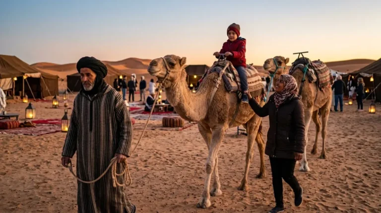 A handler leading two saddled camels past the edge of an Abu Dhabi desert camp at dusk
