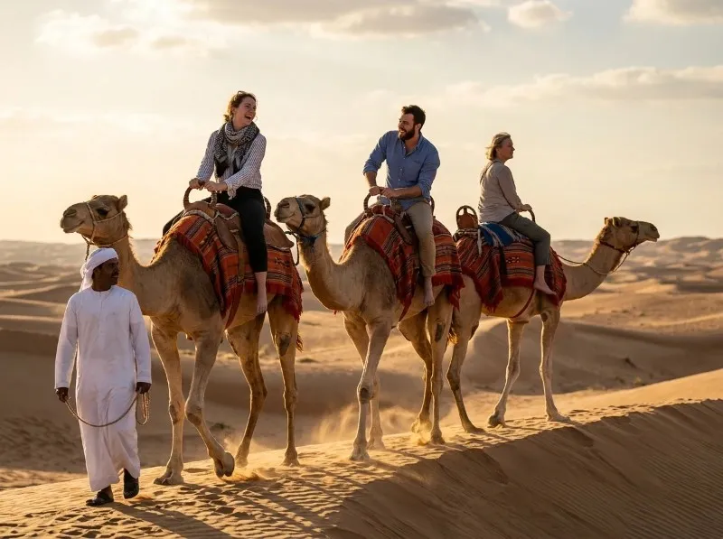 Guests riding camels along a dune crest at sunset on a camel trek in Abu Dhabi