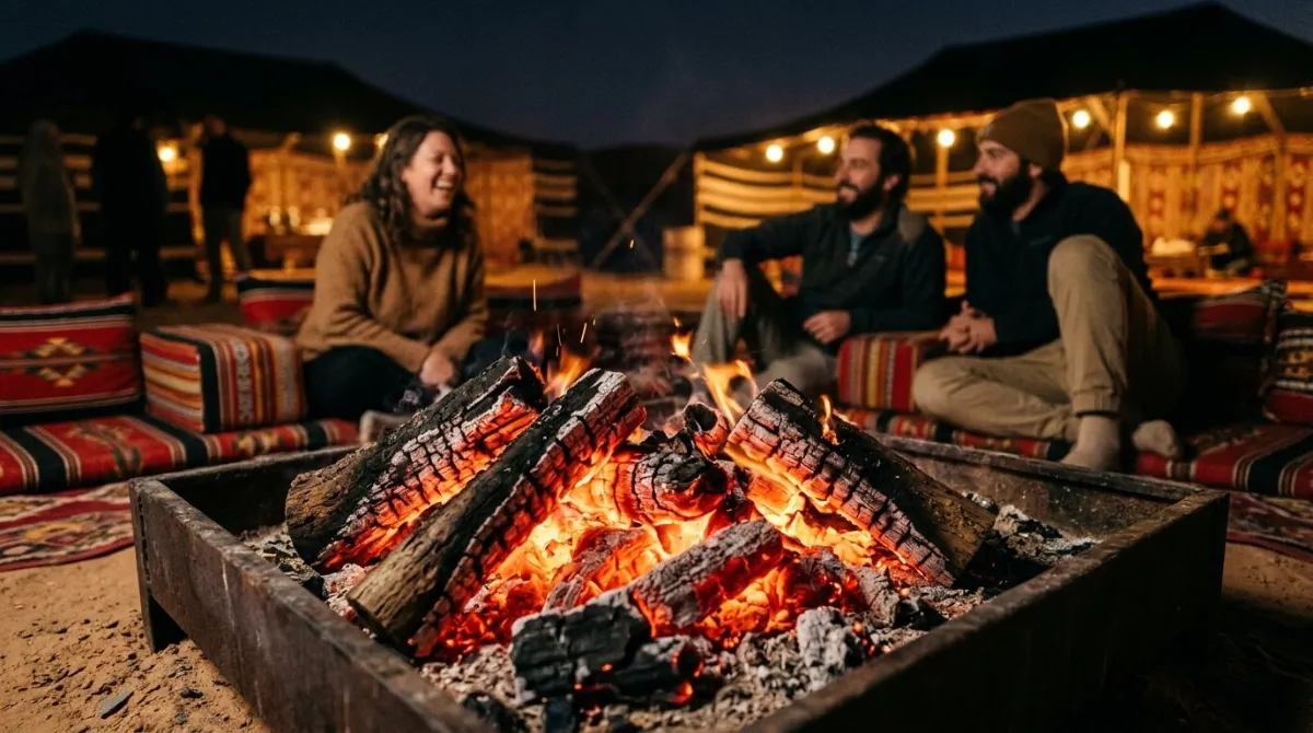 Glowing embers in the campfire at an Abu Dhabi overnight desert safari camp