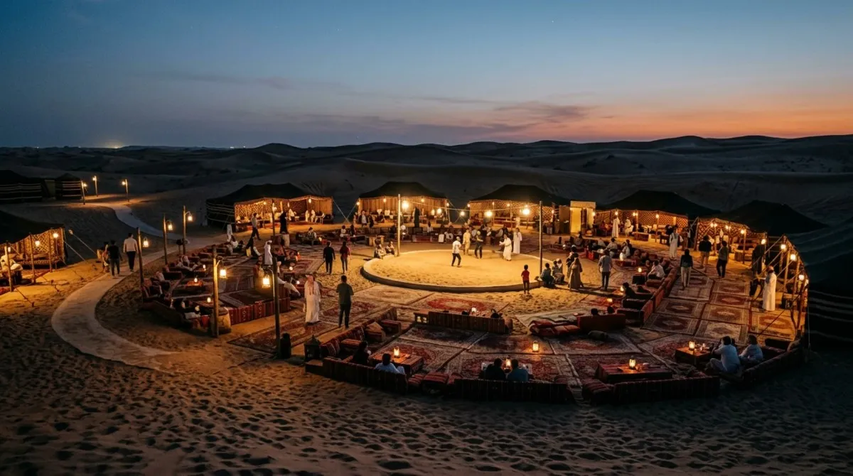 The desert camp at dusk, guests seated on carpets around the sand stage
