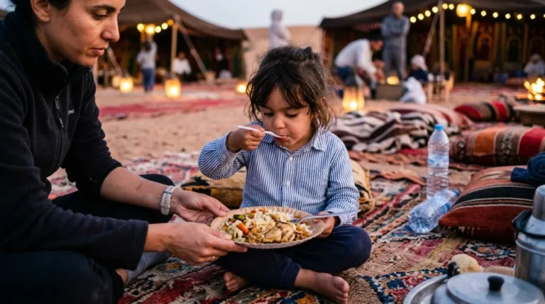 A young child sitting on a carpet with a plate of rice and chicken at an Abu Dhabi desert camp