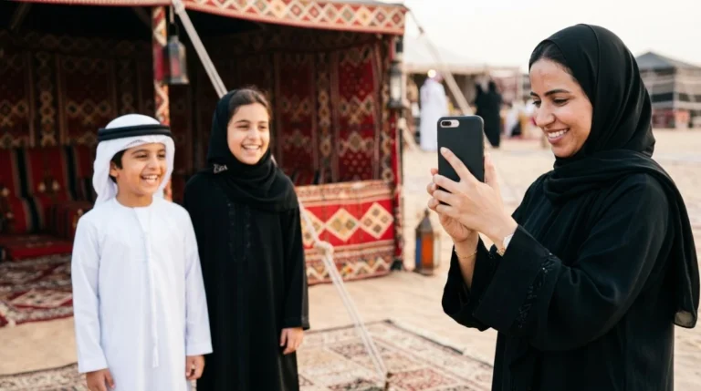 Children in free Arabic costumes posing for photographs at the Abu Dhabi desert camp
