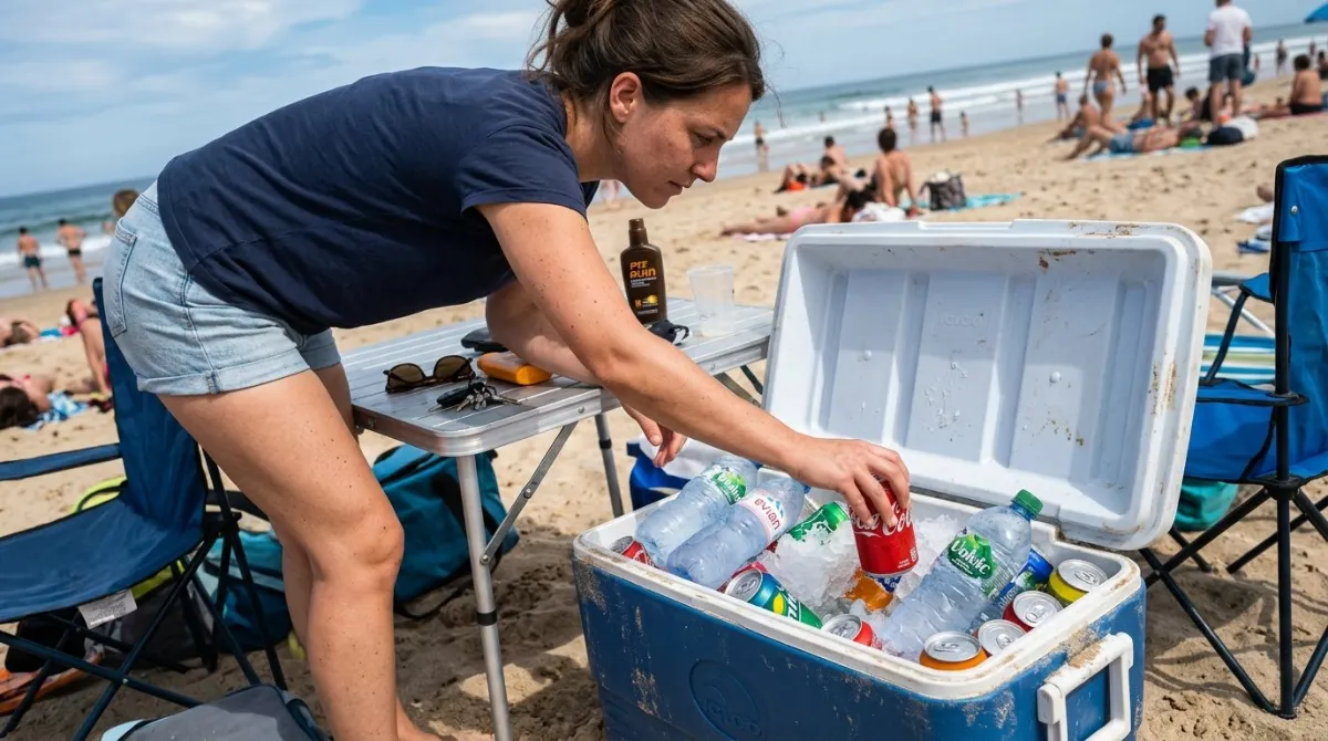 An open cool box of water and soft drinks beside a table at an Abu Dhabi desert camp