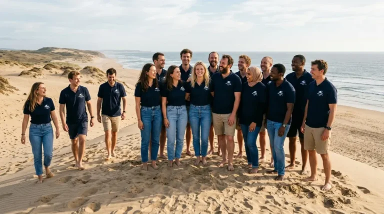 A group of colleagues in matching shirts posing for a photo on a dune during a corporate desert safari in Abu Dhabi