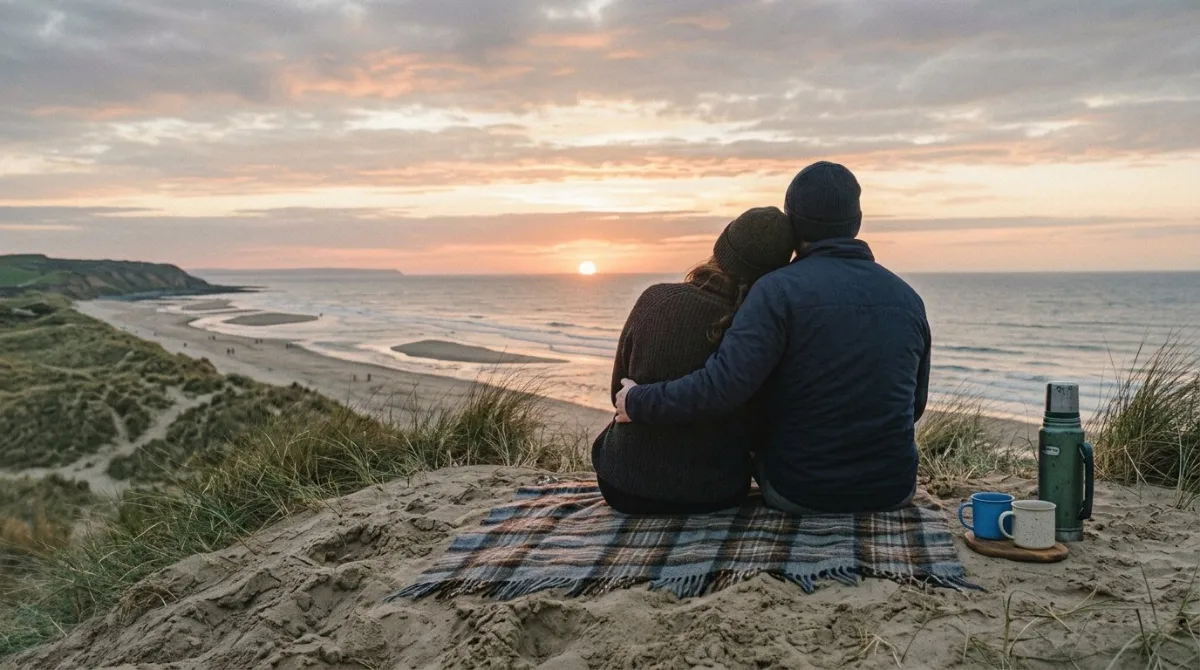 A couple sitting together on a dune crest watching the sun set over the Abu Dhabi desert