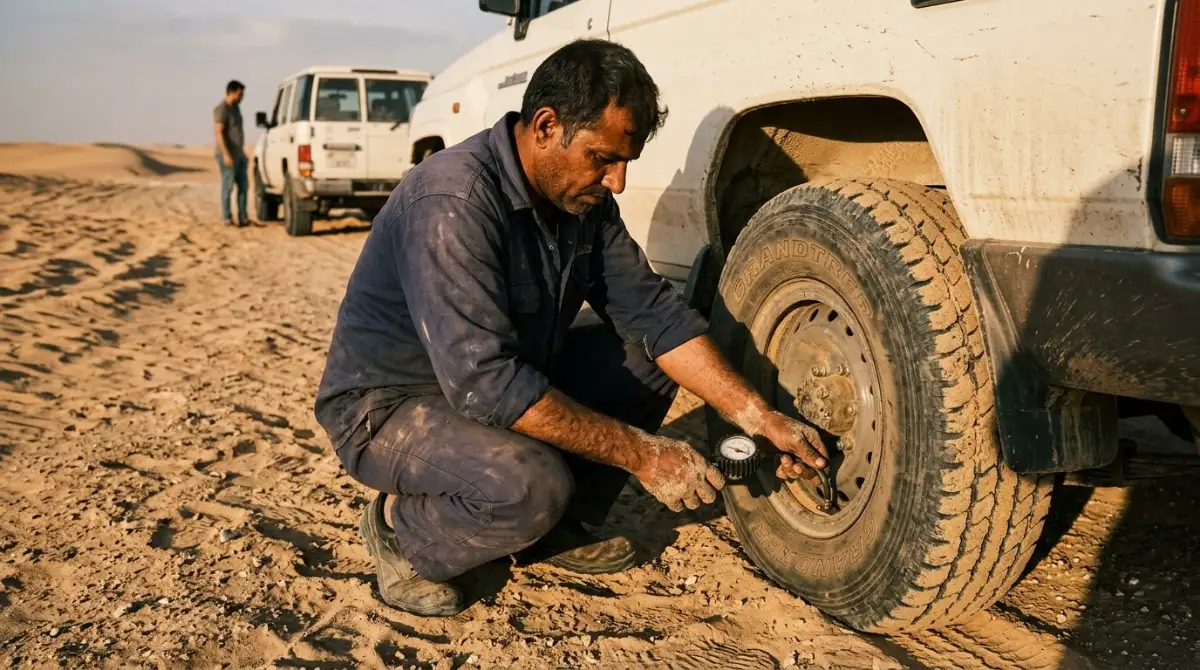 A driver deflating a tyre with a pressure gauge before entering the dunes near Abu Dhabi