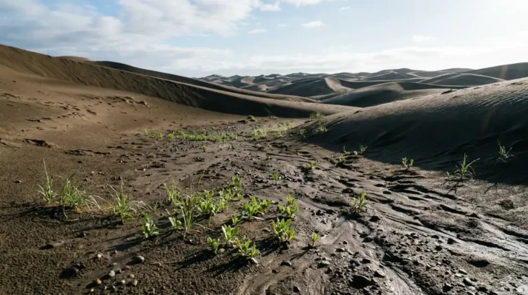 Green shoots pushing through damp sand between the dunes after rain in the Abu Dhabi desert