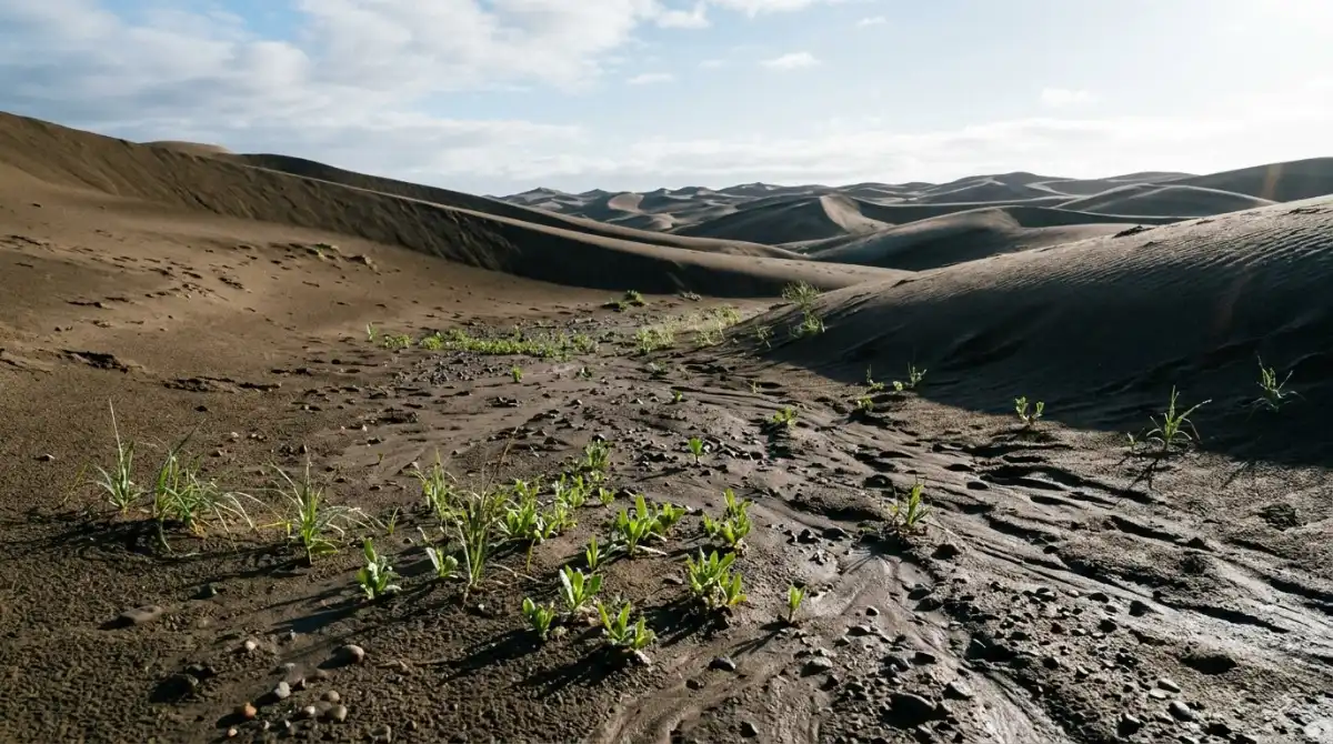 Green shoots pushing through damp sand between the dunes after rain in the Abu Dhabi desert