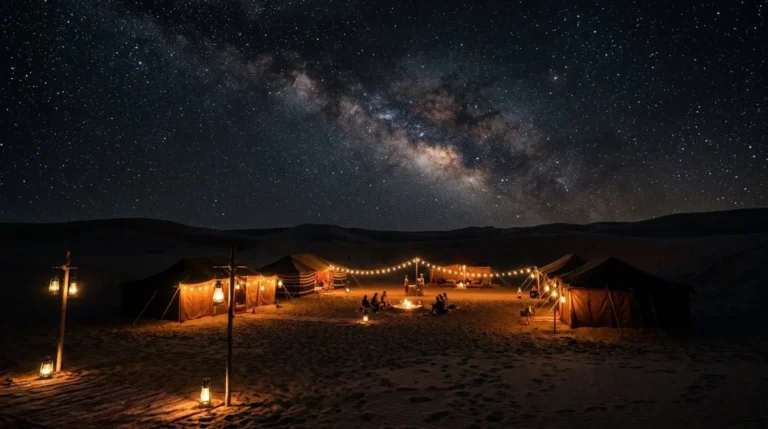 The desert camp glowing under lanterns late at night near Abu Dhabi