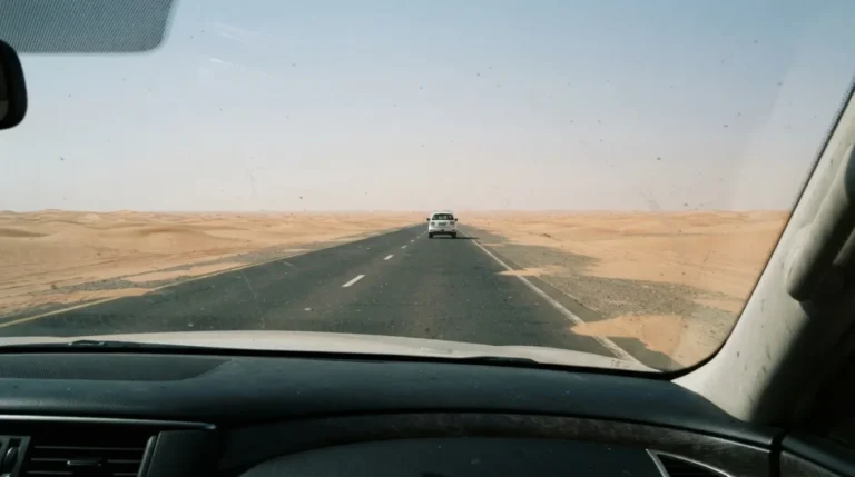 The straight desert highway east of Abu Dhabi seen from the passenger seat, dunes on both sides