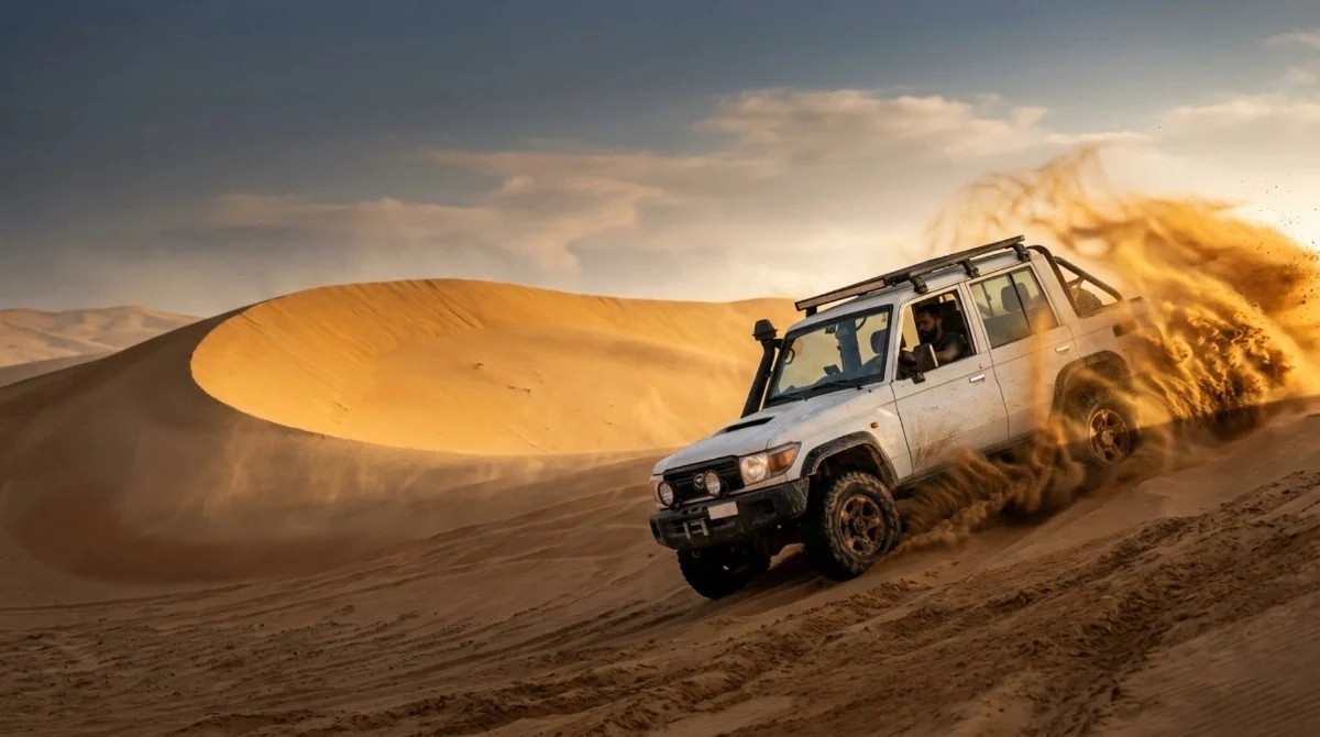 Land Cruiser carving down a steep dune face during dune bashing